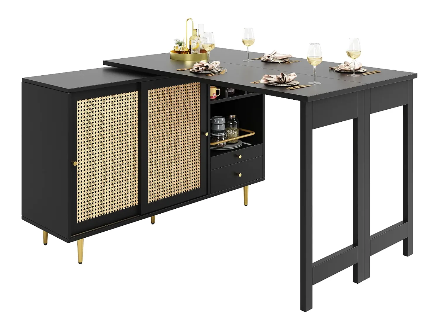 Móvel De Bar|ModernLuxe Buffet, móvel de bar giratório extensível - em MDF - com diversos armazenamentos - Preto
