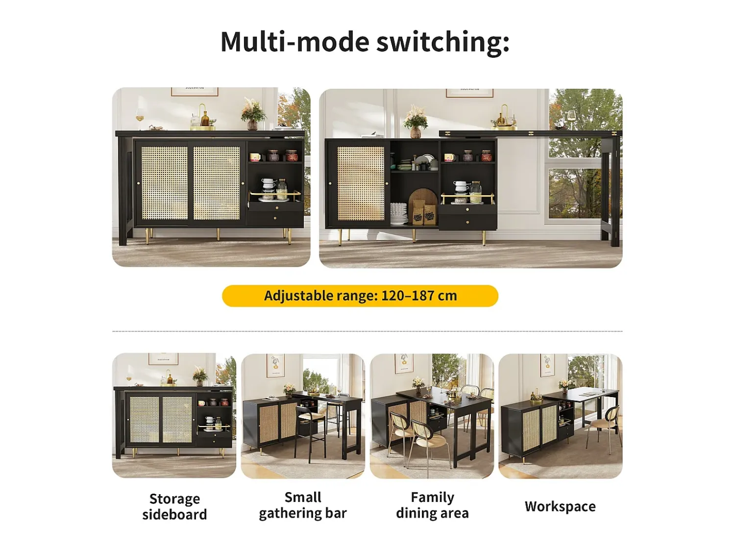 Móvel De Bar|ModernLuxe Buffet, móvel de bar giratório extensível - em MDF - com diversos armazenamentos - Preto