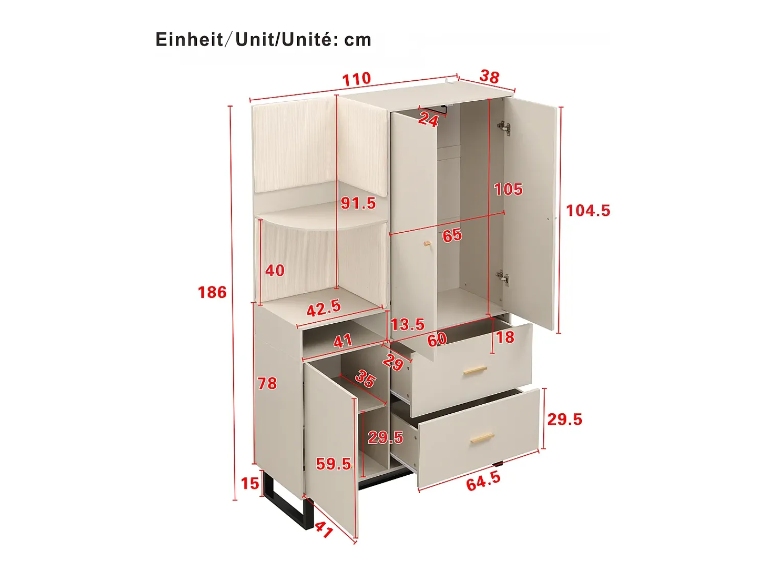Móvel De Entrada* Cabide - roupeiro com 2 gavetas e 3 portas - arrumação aberta Bege