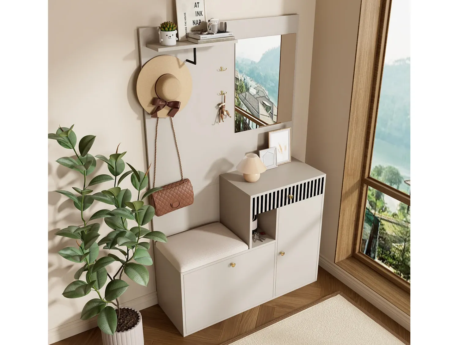 Cabide com espelho - roupeiro 1 gaveta e 2 portas - com almofadas e ganchos^ Móvel De Entrada