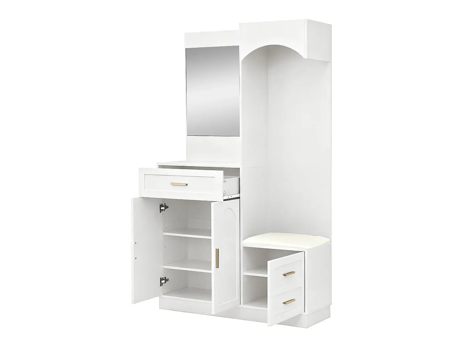 Móvel De Entrada|Hauss Spole Cabide com espelho, sapateira e banco - Móvel para hall de entrada 110x33x185,5 cm Branco