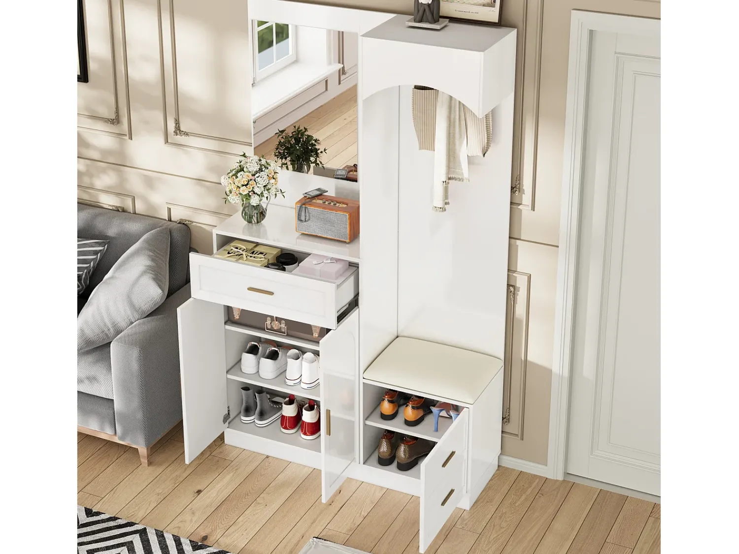 Móvel De Entrada|Hauss Spole Cabide com espelho, sapateira e banco - Móvel para hall de entrada 110x33x185,5 cm Branco
