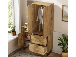 Móvel De Entrada| Cabide de madeira - roupeiro com 2 gavetas e 3 portas - arrumação aberta Natural claro