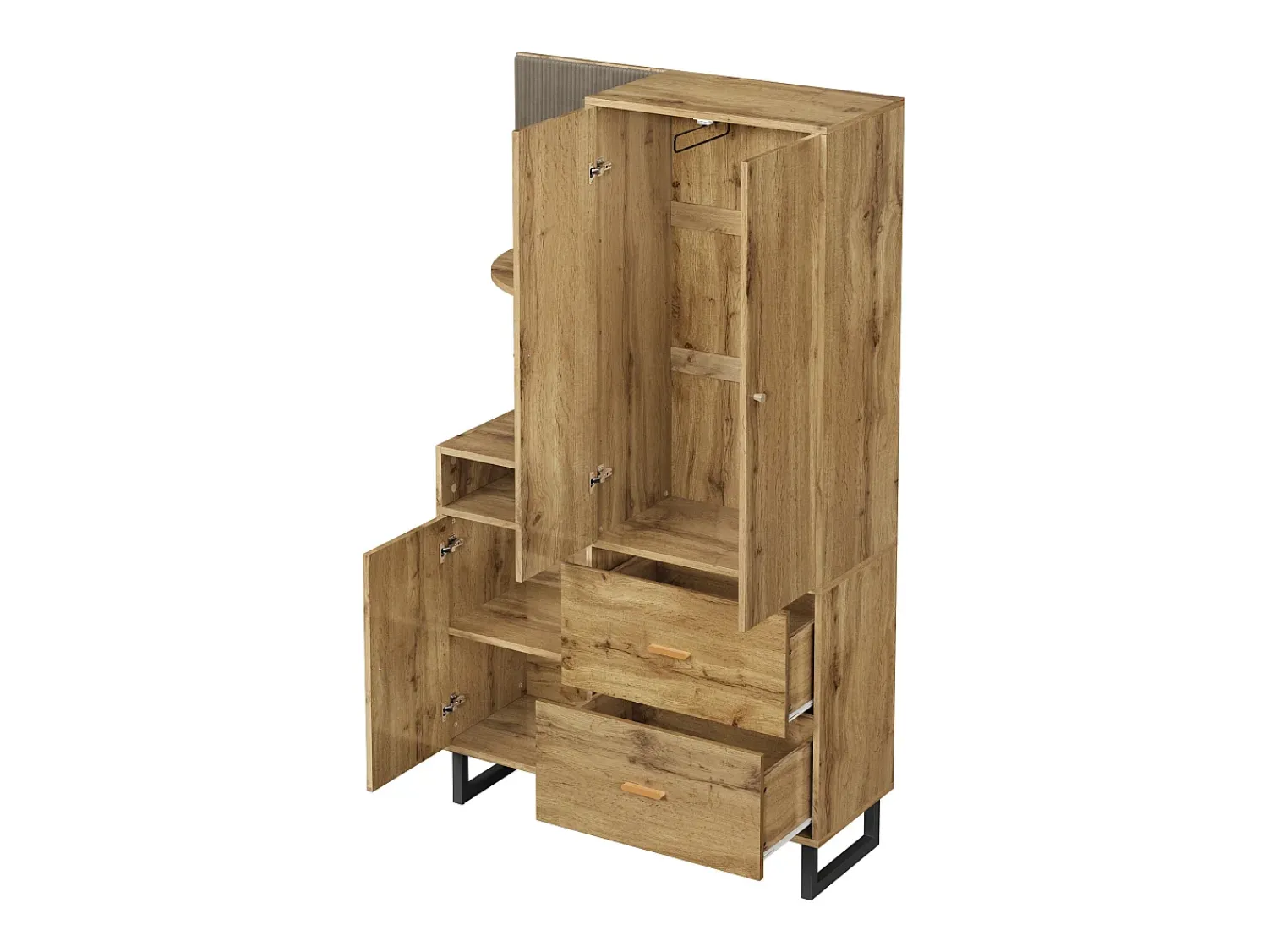 Móvel De Entrada| Cabide de madeira - roupeiro com 2 gavetas e 3 portas - arrumação aberta Natural claro