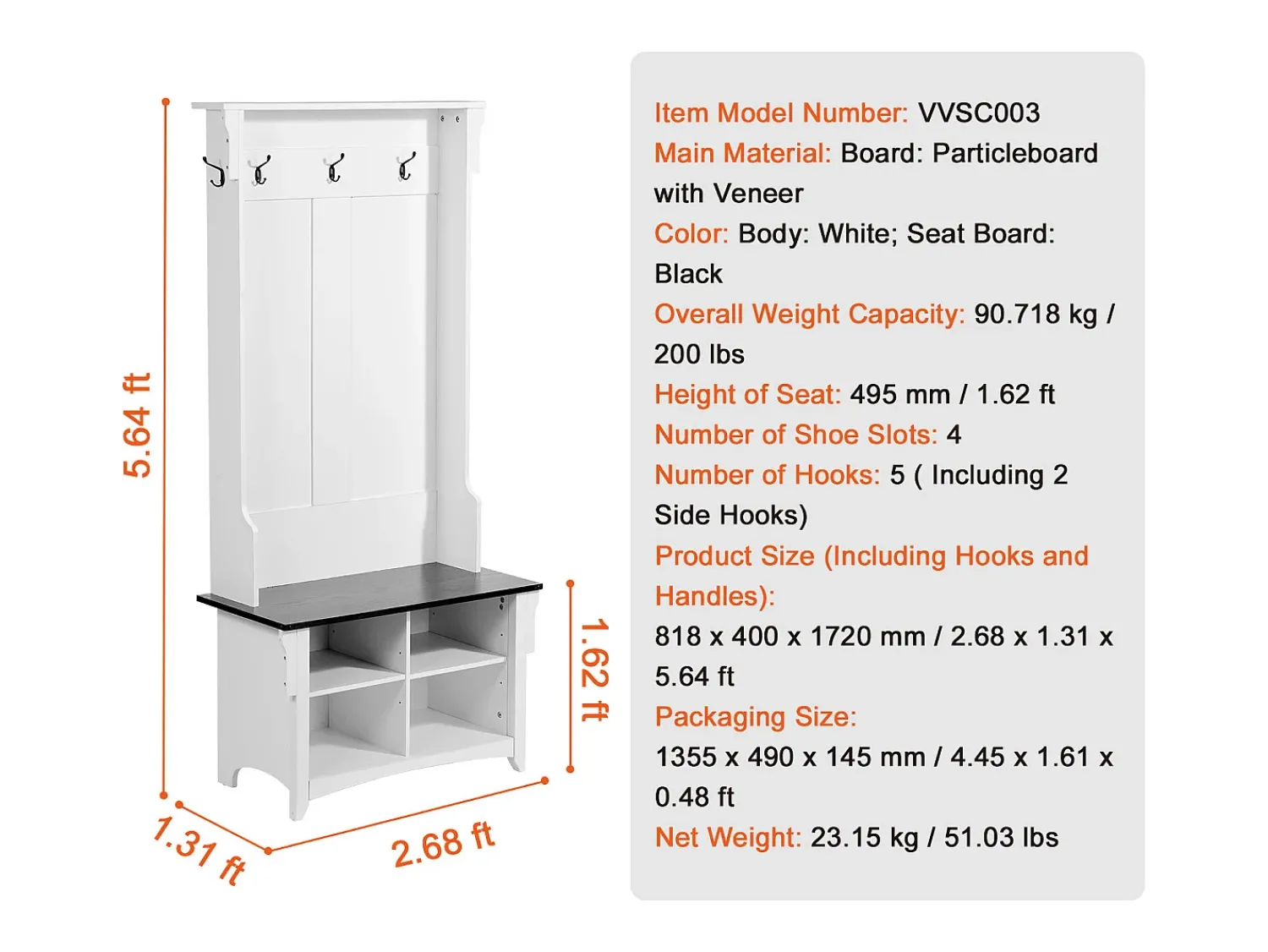 Outlet Cabide para Entrada, com 5 Ganchos, Branco