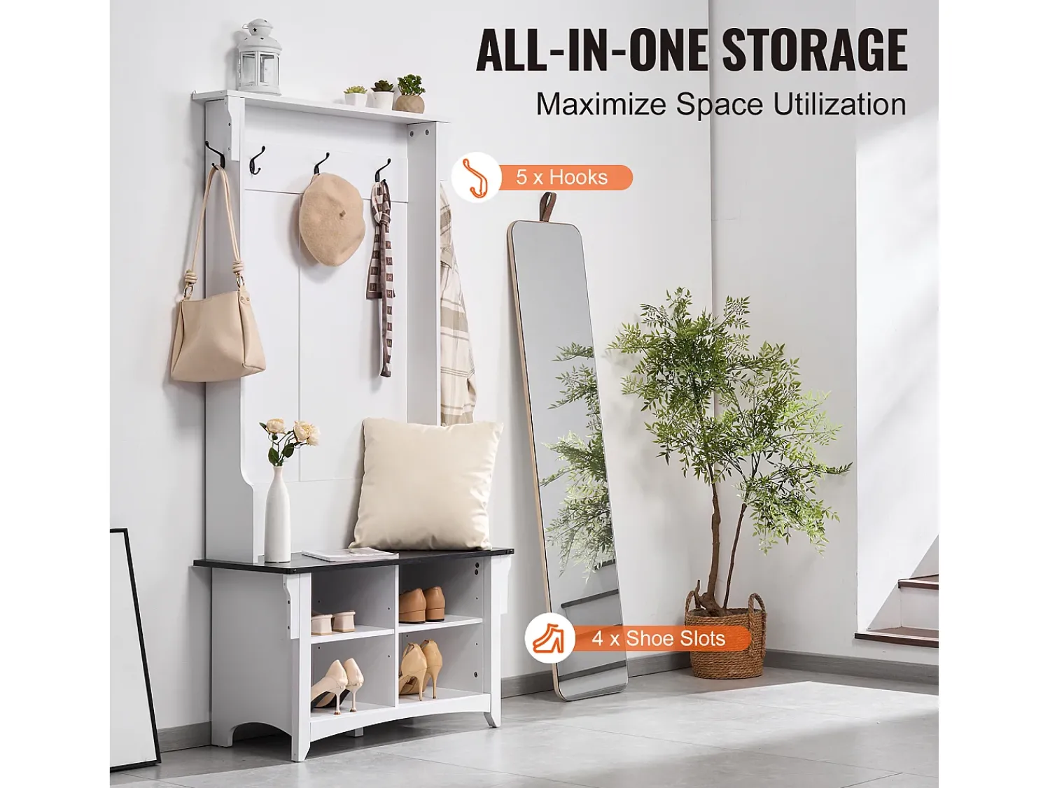 Outlet Cabide para Entrada, com 5 Ganchos, Branco