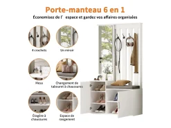 Móvel De Entrada| Cabideiro 6 em 1 - Espelho, Banco Estofado, Sapateira, Ganchos, Design Moderno Branco