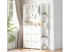 Móvel De Entrada|Merax Cabideiro 3 em 1 para corredor - 120 x 24 x 200 cm - com 8 ganchos + 6 sapateiras - aglomerado - Branco