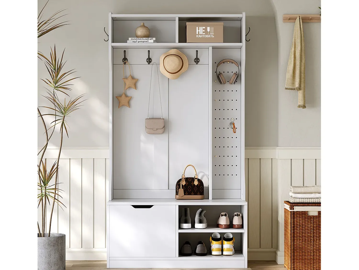 Móvel De Entrada*ModernLuxe Cabideiro de entrada moderno 100x40x185.4cm - com 6 ganchos e 1 porta - com 4 prateleiras abertas - Branco
