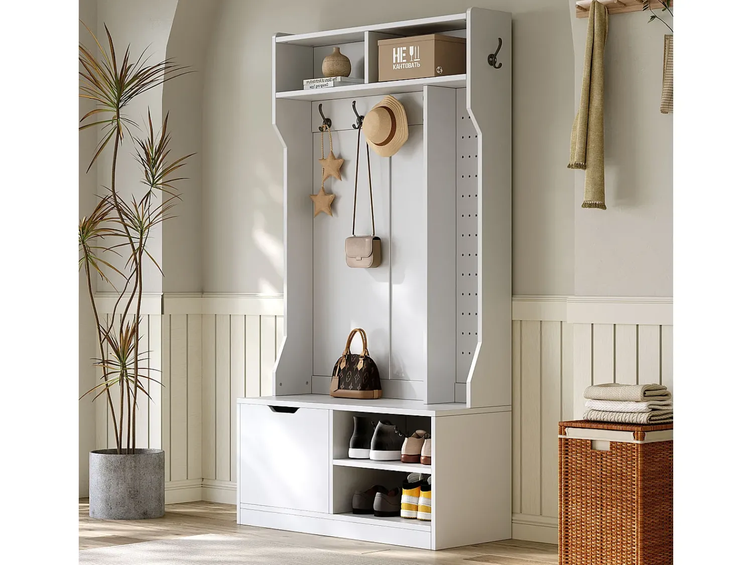 Móvel De Entrada*ModernLuxe Cabideiro de entrada moderno 100x40x185.4cm - com 6 ganchos e 1 porta - com 4 prateleiras abertas - Branco