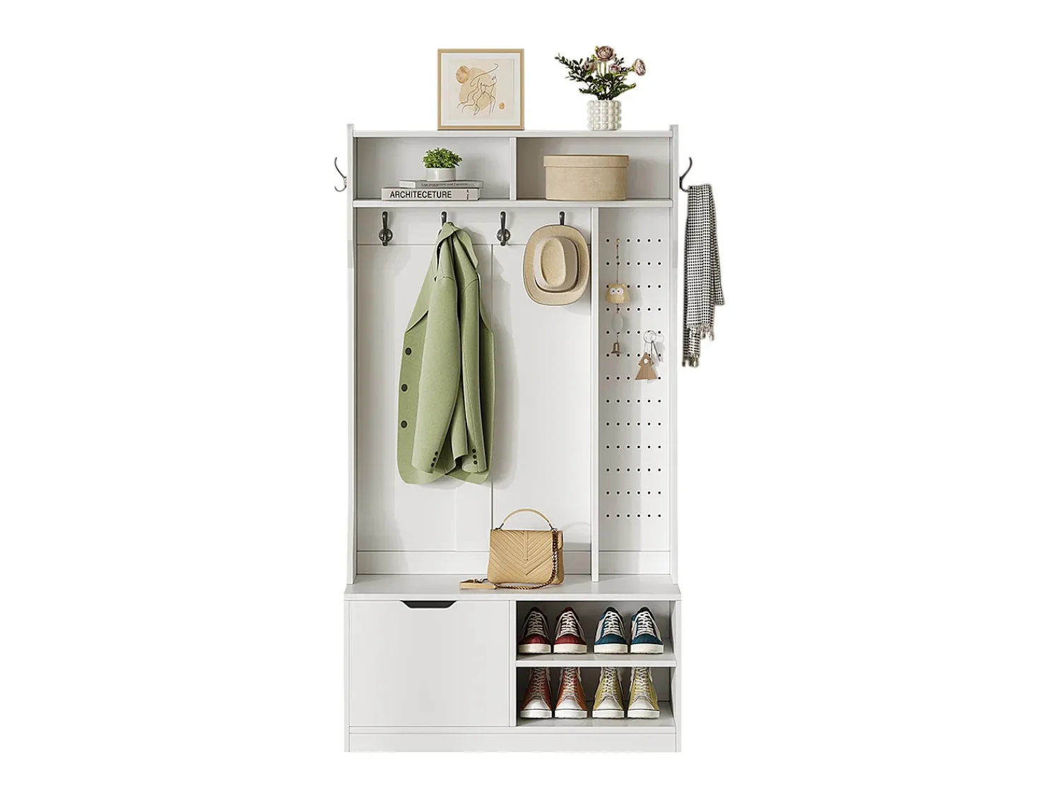 Móvel De Entrada*ModernLuxe Cabideiro de entrada moderno 100x40x185.4cm - com 6 ganchos e 1 porta - com 4 prateleiras abertas - Branco