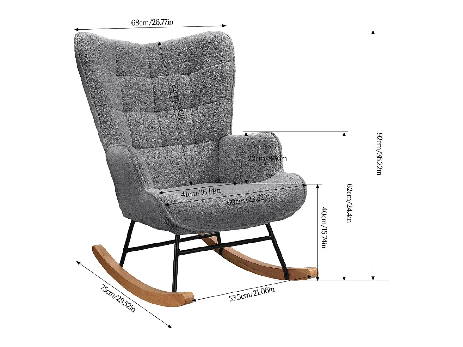Sale Cadeira de balanço - Cadeira de sala para quarto - Capacidade de carga até 120 kg - Poliéster - Cinza - 68 x 75 x 92 cm Cinzento claro