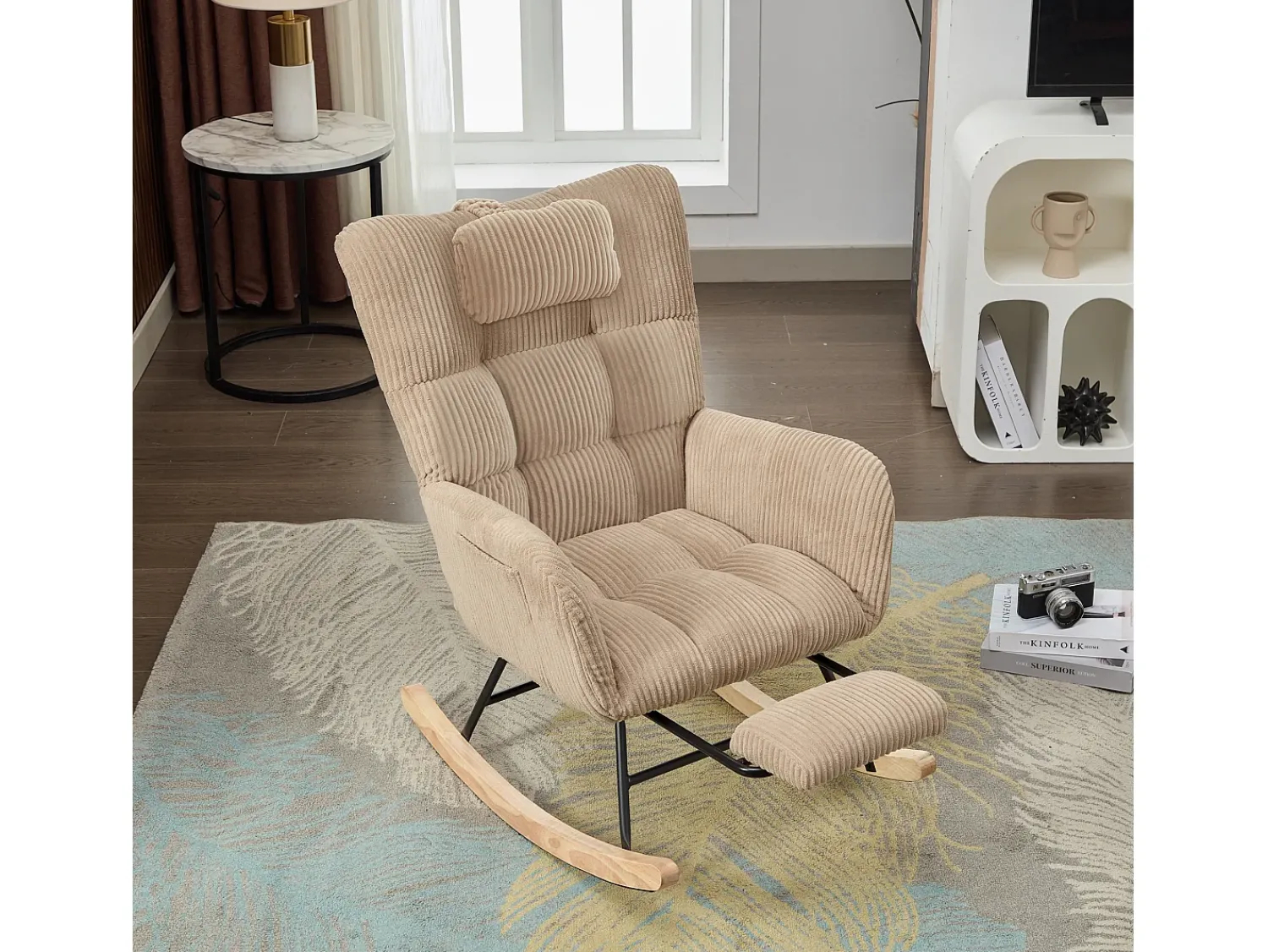 Poltrona|ModernLuxe Cadeira de balanço 102×65×92 cm - assento acolchoado - encosto alto - com almofada cervical - Marrom Castanho