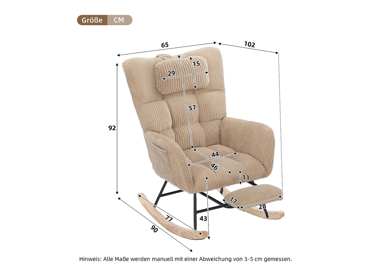 Poltrona|ModernLuxe Cadeira de balanço 102×65×92 cm - assento acolchoado - encosto alto - com almofada cervical - Marrom Castanho