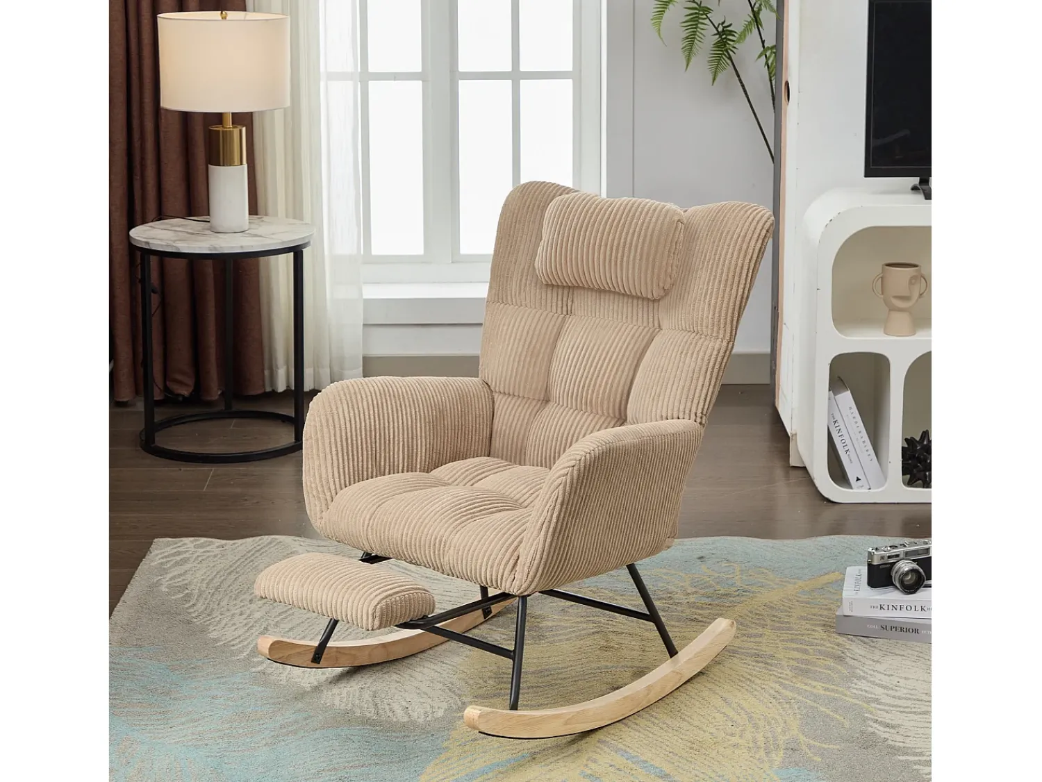 Poltrona|ModernLuxe Cadeira de balanço 102×65×92 cm - assento acolchoado - encosto alto - com almofada cervical - Marrom Castanho