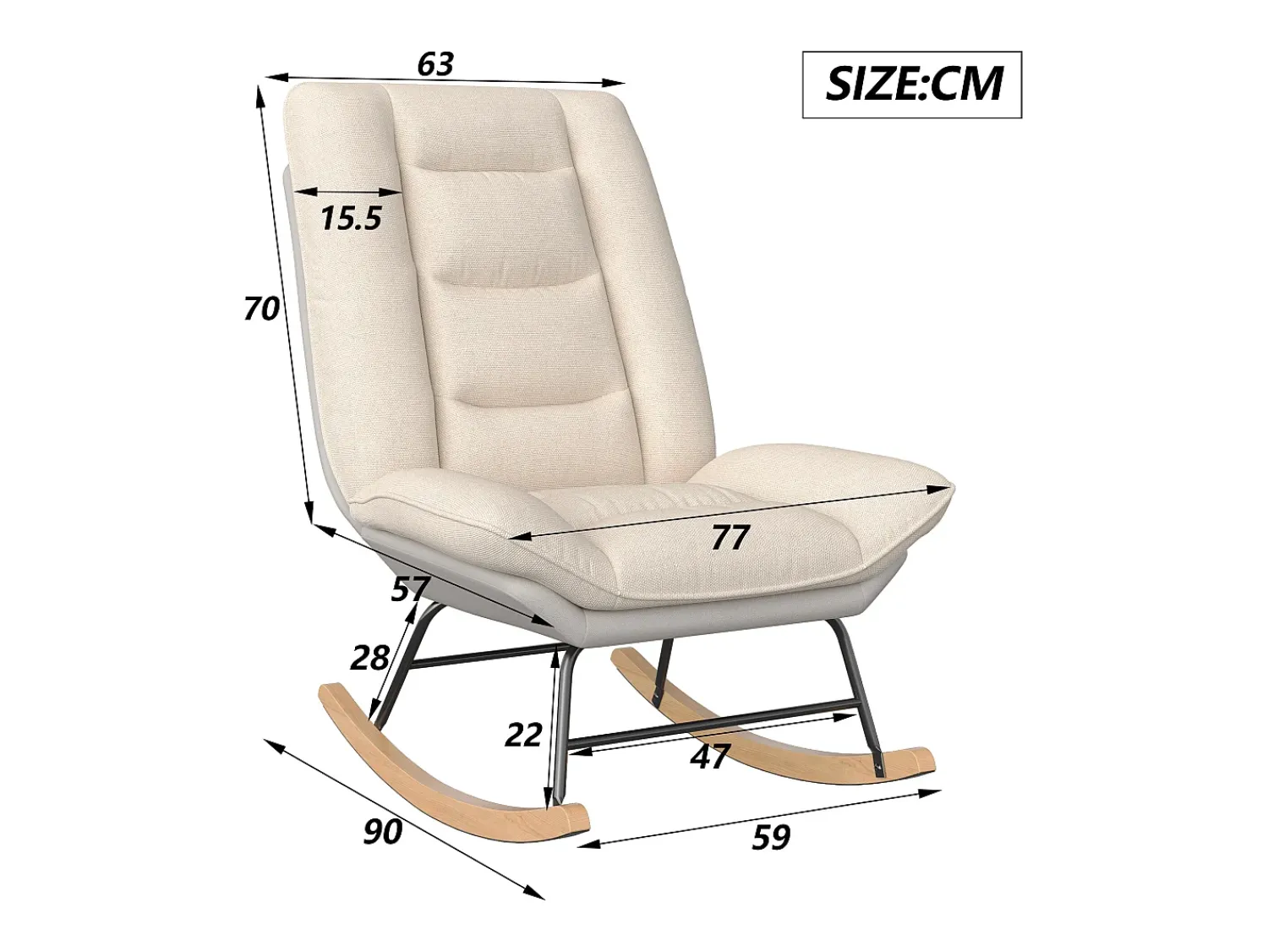Cadeira de balanço acolchoada com encosto ajustável - Para sala de estar, quarto ou varanda - Dimensões: 90 x 77 x 98 cm^ Poltrona