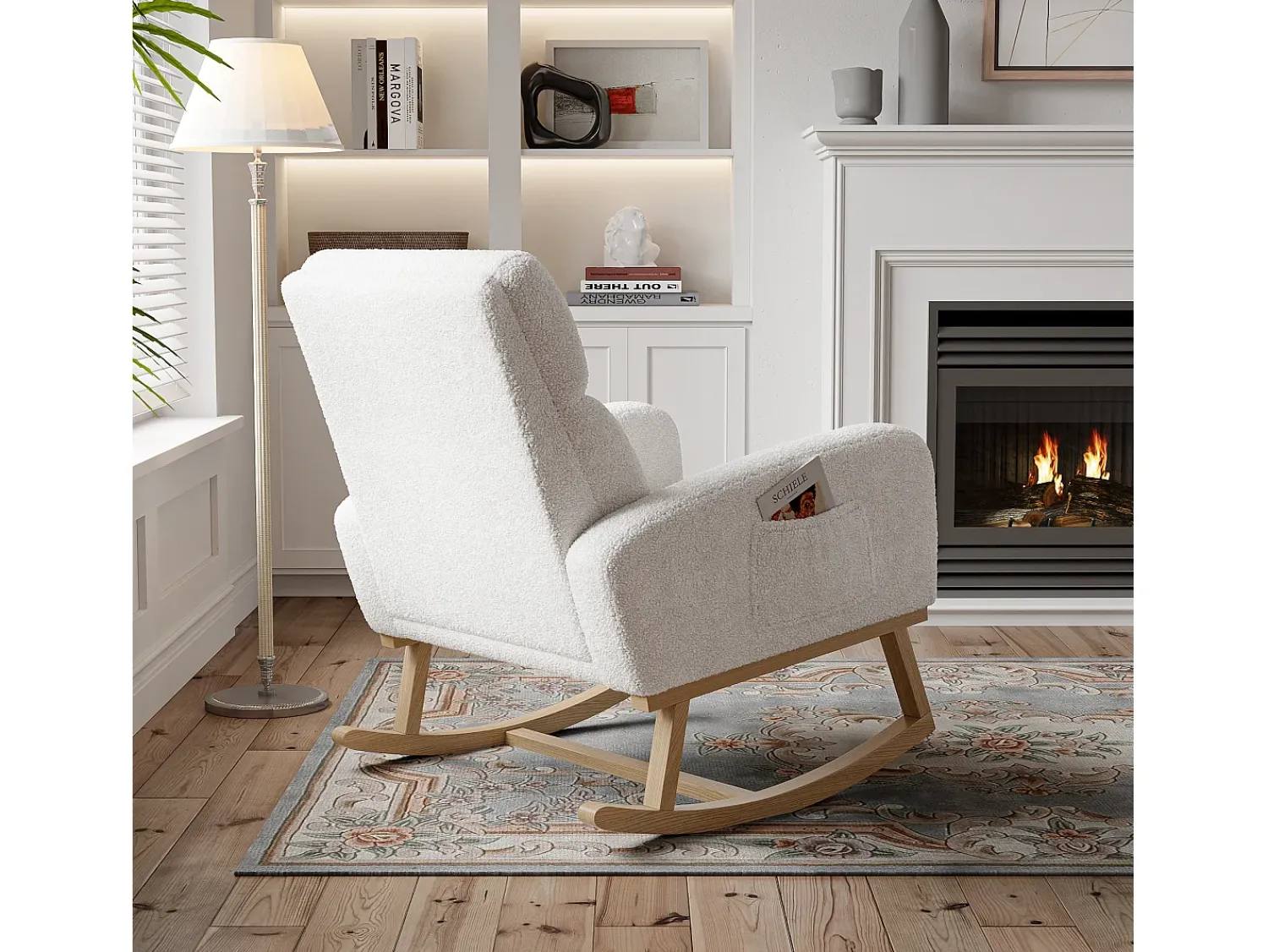 Poltrona* Cadeira de balanço, cadeira de relaxamento, com bolsos e pernas de madeira, veludo Teddy bege Branco