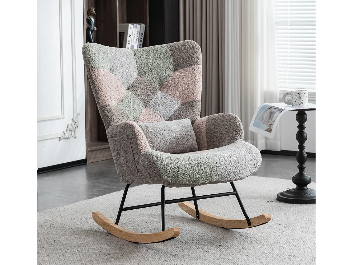 Poltrona|Merax Cadeira de balanço colorida com apoio para os pés e almofada - 68 x 83 x 91 cm - Teddy-Polar, madeira evea e metal - Design multicolor Multicor