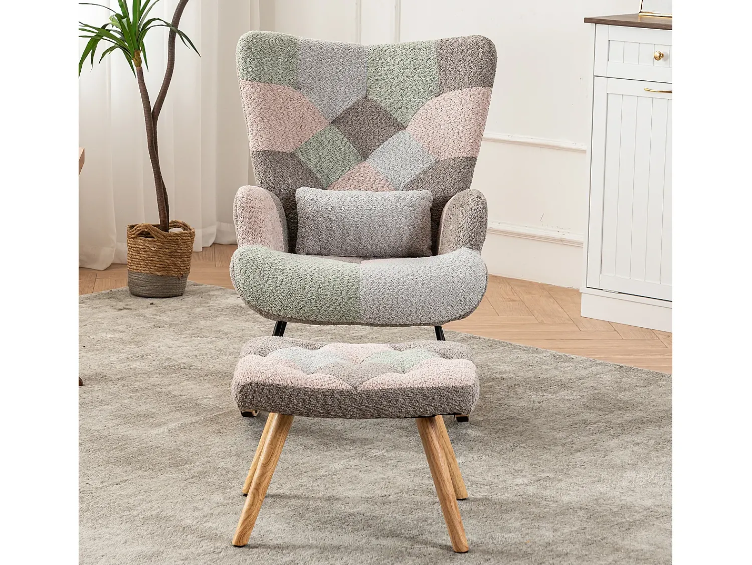 Poltrona|Merax Cadeira de balanço colorida com apoio para os pés e almofada - 68 x 83 x 91 cm - Teddy-Polar, madeira evea e metal - Design multicolor Multicor