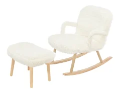 Poltrona| Cadeira de balanço com apoio para os pés, poltrona de balanço, com pernas em formato de E, madeira e metal, Branco