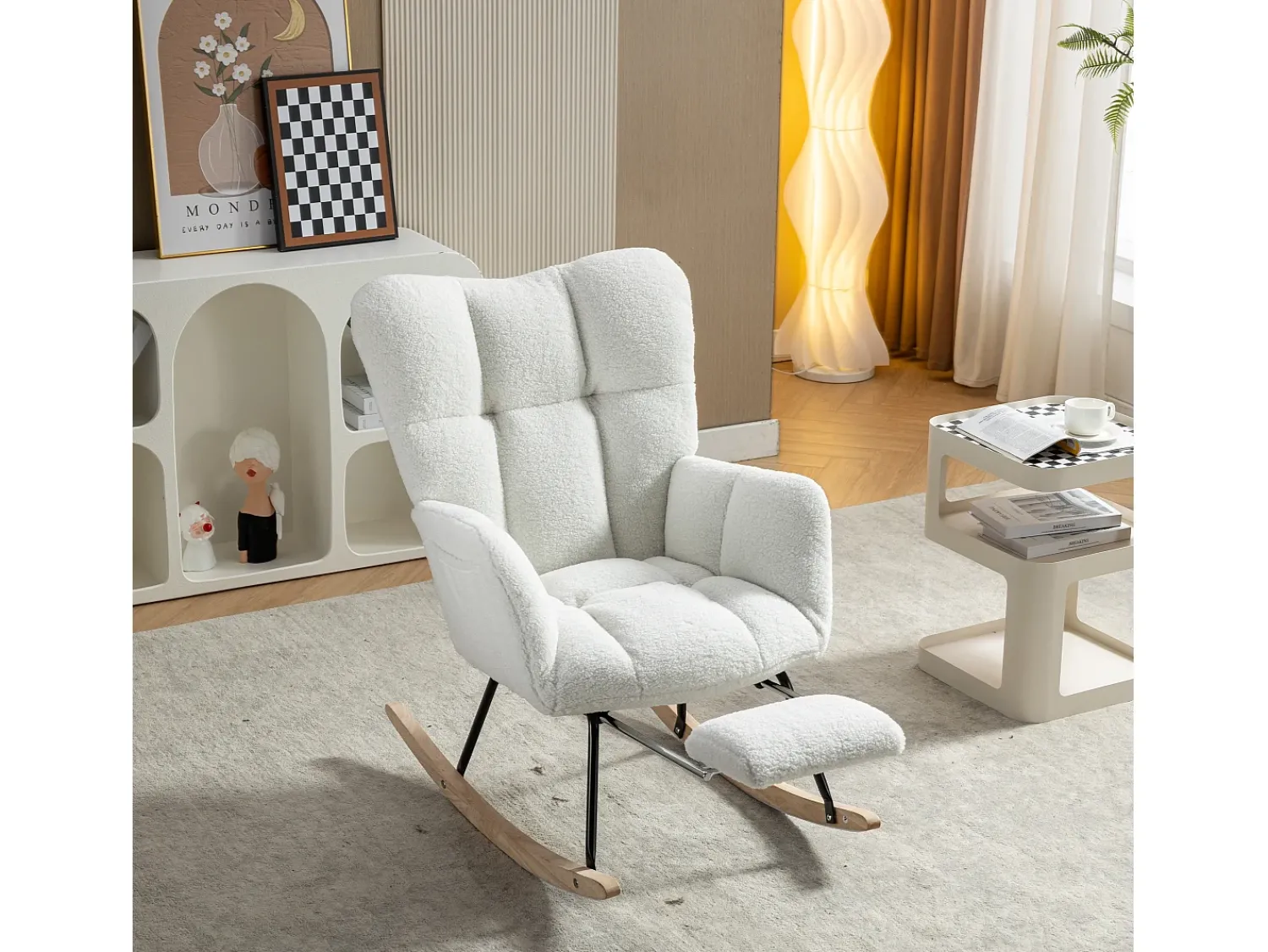 Poltrona*Hauss Spole Cadeira de balanço com apoio de braços e apoio para os pés removível, em tecido Teddy Branco