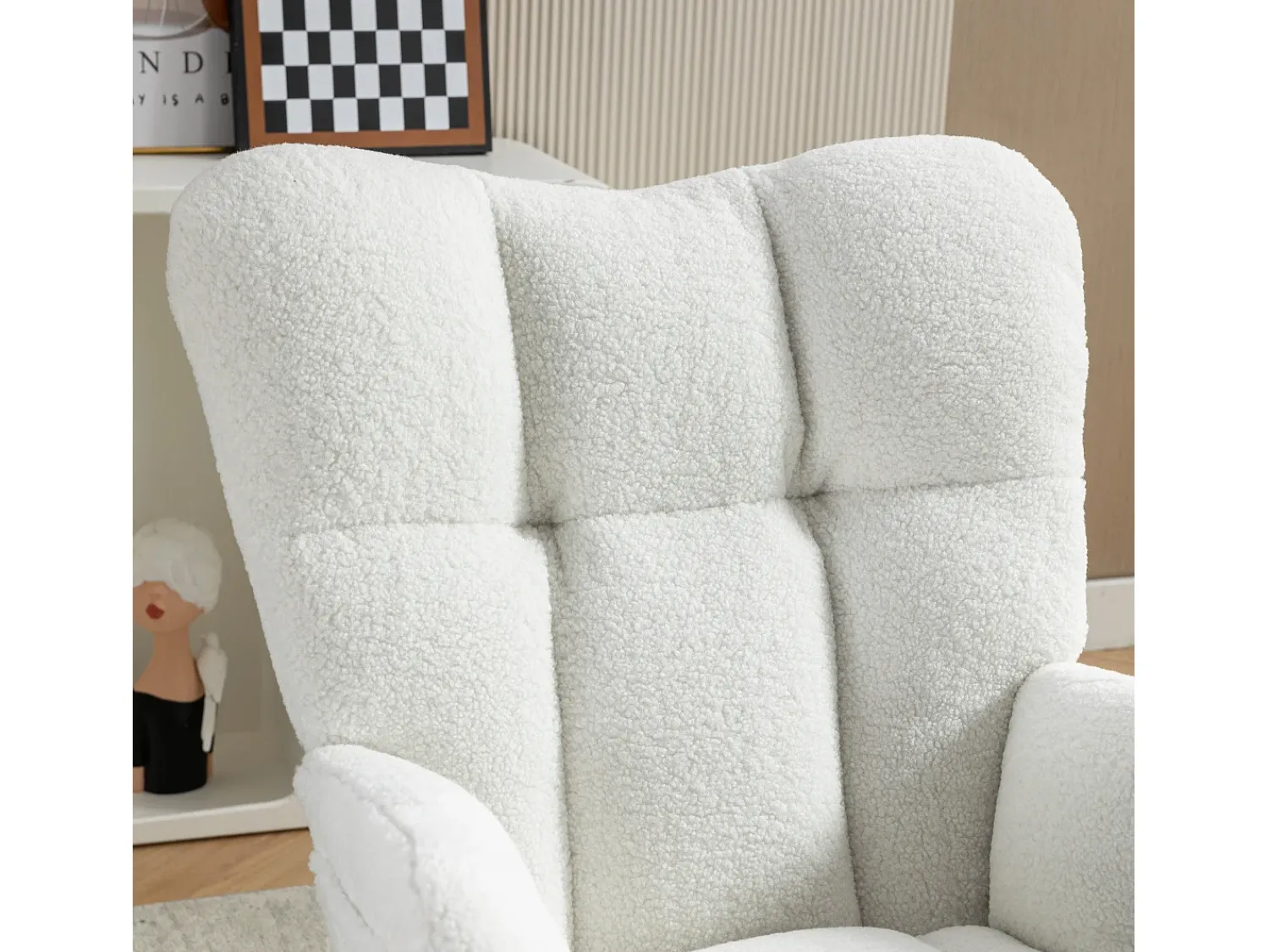 Poltrona*Hauss Spole Cadeira de balanço com apoio de braços e apoio para os pés removível, em tecido Teddy Branco