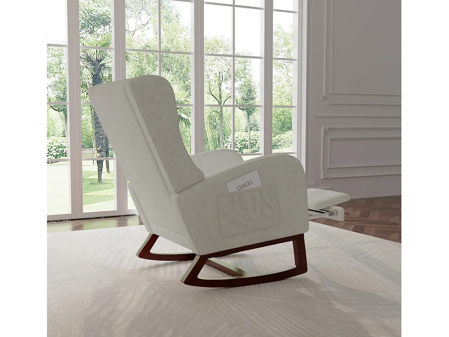 Poltrona| Cadeira de balanço com apoio de pernas retrátil e encosto alto em madeira maciça - Cadeira de balanço para sala de estar e quarto, carga até 150 kg - Cinza Cinzento