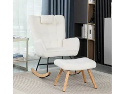Discount Merax Cadeira de balanço com apoio para pés e cabeça - 65 x 94 x 92 cm - Teddy-Polar, madeira evea e metal - Branco