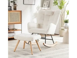 Discount Merax Cadeira de balanço com apoio para pés e cabeça - 65 x 94 x 92 cm - Teddy-Polar, madeira evea e metal - Branco