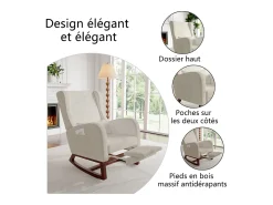 Cadeira de balanço com apoio de pernas retrátil e encosto alto em madeira maciça - Cadeira de balanço para sala de estar e quarto, carga até 150 kg - Bege
