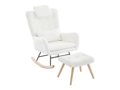 Poltrona*Merax Cadeira de balanço com apoio para os pés - 73 x 92 x 102 cm - Apoios de braços e apoio de cabeça - Tecido de veludo Teddy - Branco