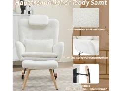 Poltrona*Merax Cadeira de balanço com apoio para os pés - 73 x 92 x 102 cm - Apoios de braços e apoio de cabeça - Tecido de veludo Teddy - Branco