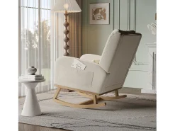 Poltrona* Cadeira de balanço com base e encosto de madeira, Poltrona relaxante para sala de estar, Linho, Bege