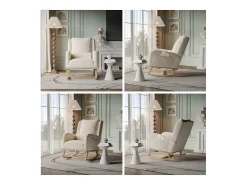 Poltrona* Cadeira de balanço com base e encosto de madeira, Poltrona relaxante para sala de estar, Linho, Bege