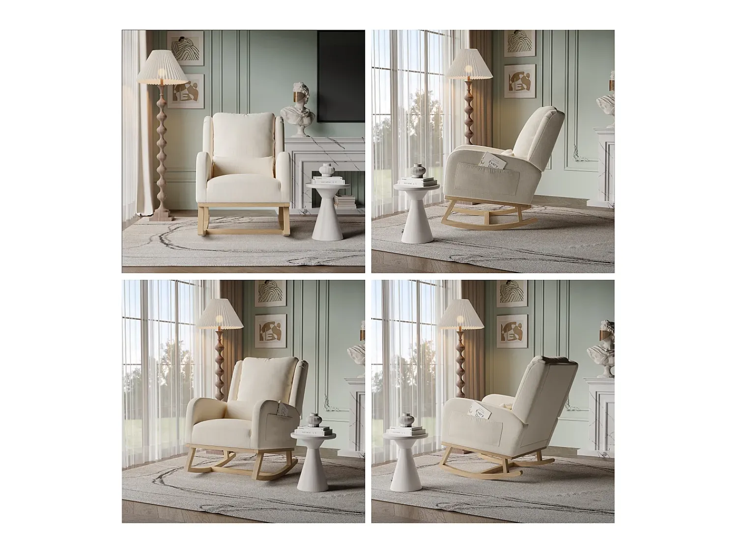 Poltrona* Cadeira de balanço com base e encosto de madeira, Poltrona relaxante para sala de estar, Linho, Bege