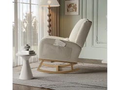 Poltrona* Cadeira de balanço com base e encosto de madeira, Poltrona relaxante para sala de estar, Linho, Bege
