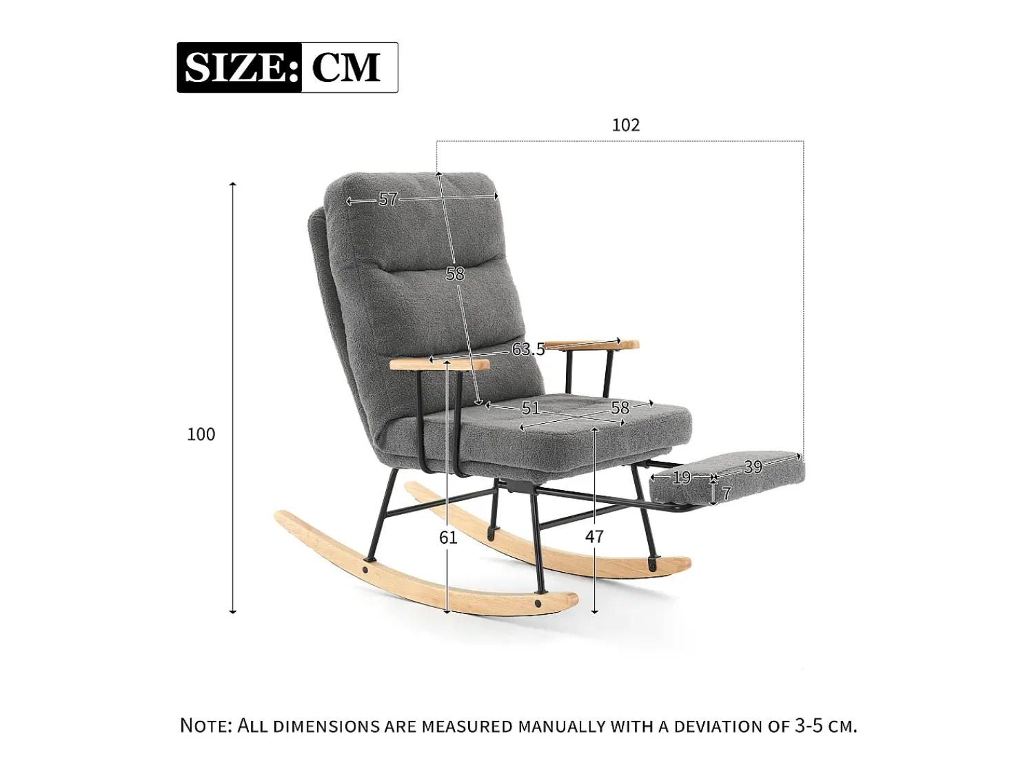 Online Merax Cadeira de balanço com função reclinável e apoio para os pés - 58 x 102 x 100 cm - Teddy-Polaire - cinza Cinzento