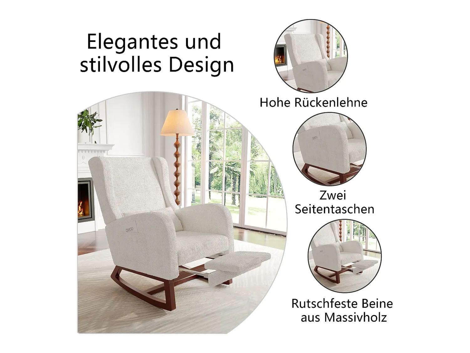 Outlet Cadeira de balanço de madeira maciça com apoio de pernas retrátil e encosto alto - Cadeira de balanço para sala de estar e quarto - Até 150 kg - Bege