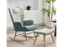 Merax Cadeira de balanço de tecido bouclé com apoio para os pés e para a cabeça - 65,5 x 83 x 95 cm - Multicolorido^ Poltrona