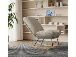 Poltrona* Cadeira de balanço ergonômica com almofada bege e estrutura cinza, estofada em tecido de linho e couro sintético. Branco
