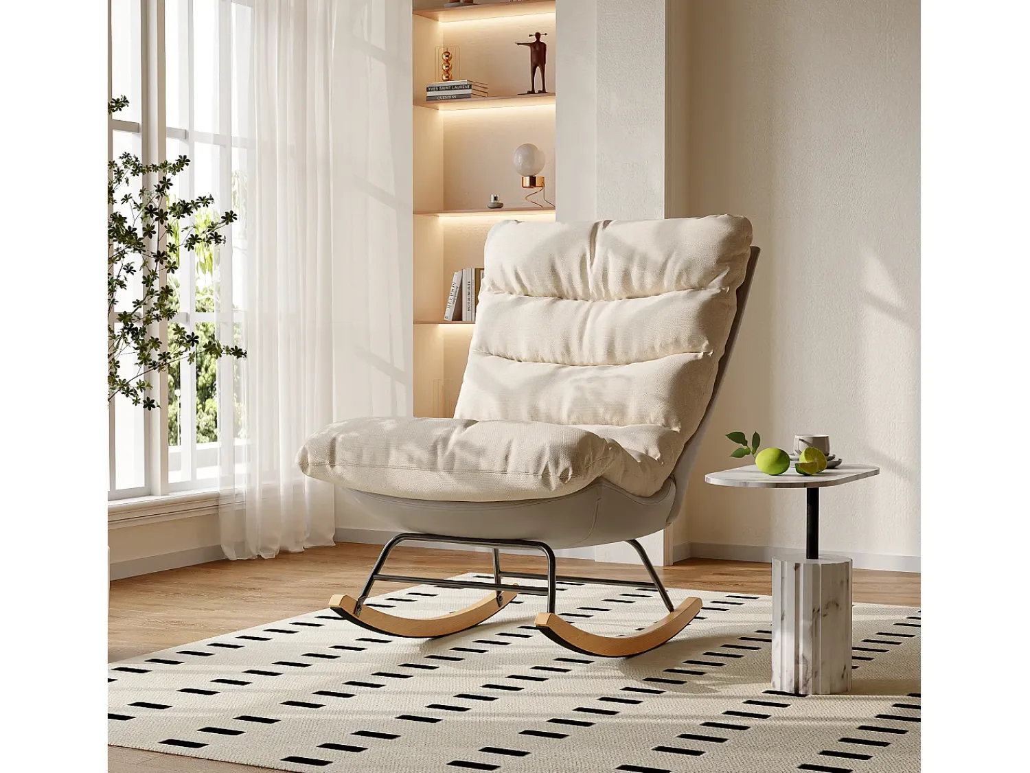 Poltrona* Cadeira de balanço ergonômica com almofada bege e estrutura cinza, design moderno em tecido/couro sintético. Branco