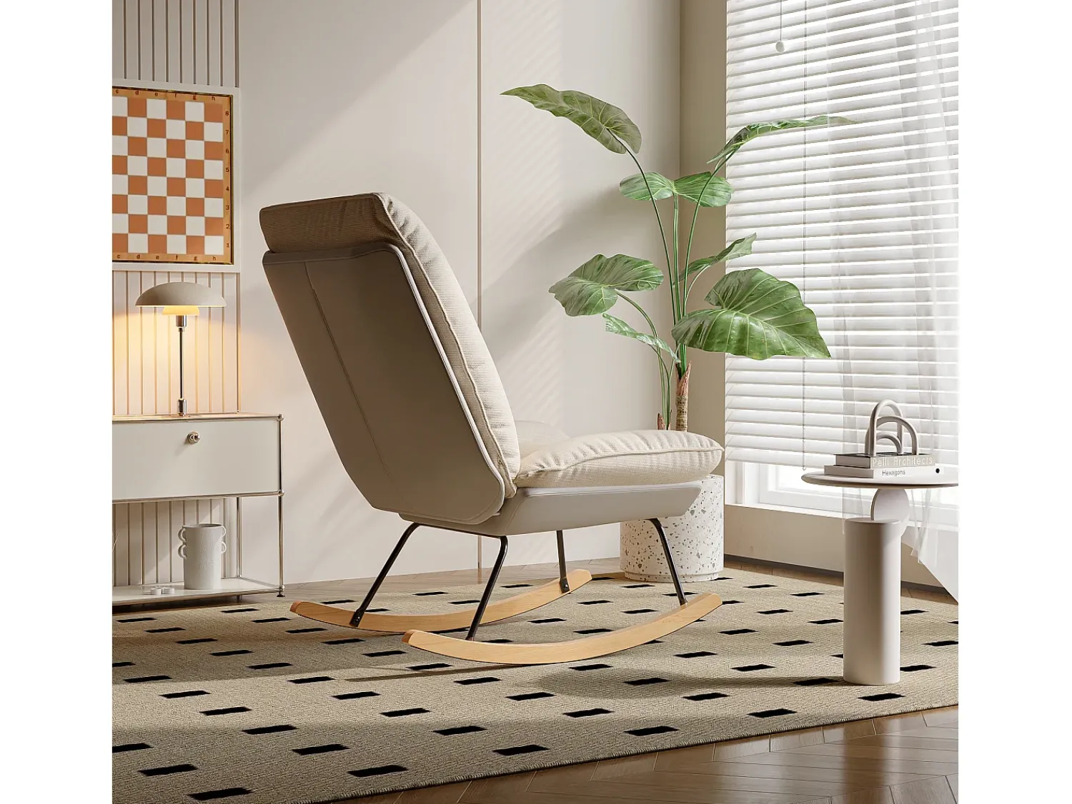 Poltrona* Cadeira de balanço ergonômica com almofada bege e estrutura cinza, design moderno em tecido/couro sintético. Branco