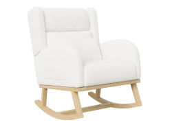 Poltrona| Cadeira de balanço estofada em tecido bouclé com apoio lombar e pernas de madeira, branca Branco