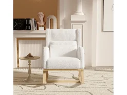 Poltrona| Cadeira de balanço estofada em tecido bouclé com apoio lombar e pernas de madeira, branca Branco