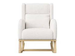 Poltrona| Cadeira de balanço estofada em tecido bouclé com apoio lombar e pernas de madeira, branca Branco