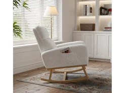 Poltrona| Cadeira de balanço, poltrona com almofada acolchoada, bolso lateral e apoios de braço, linho, branca Branco