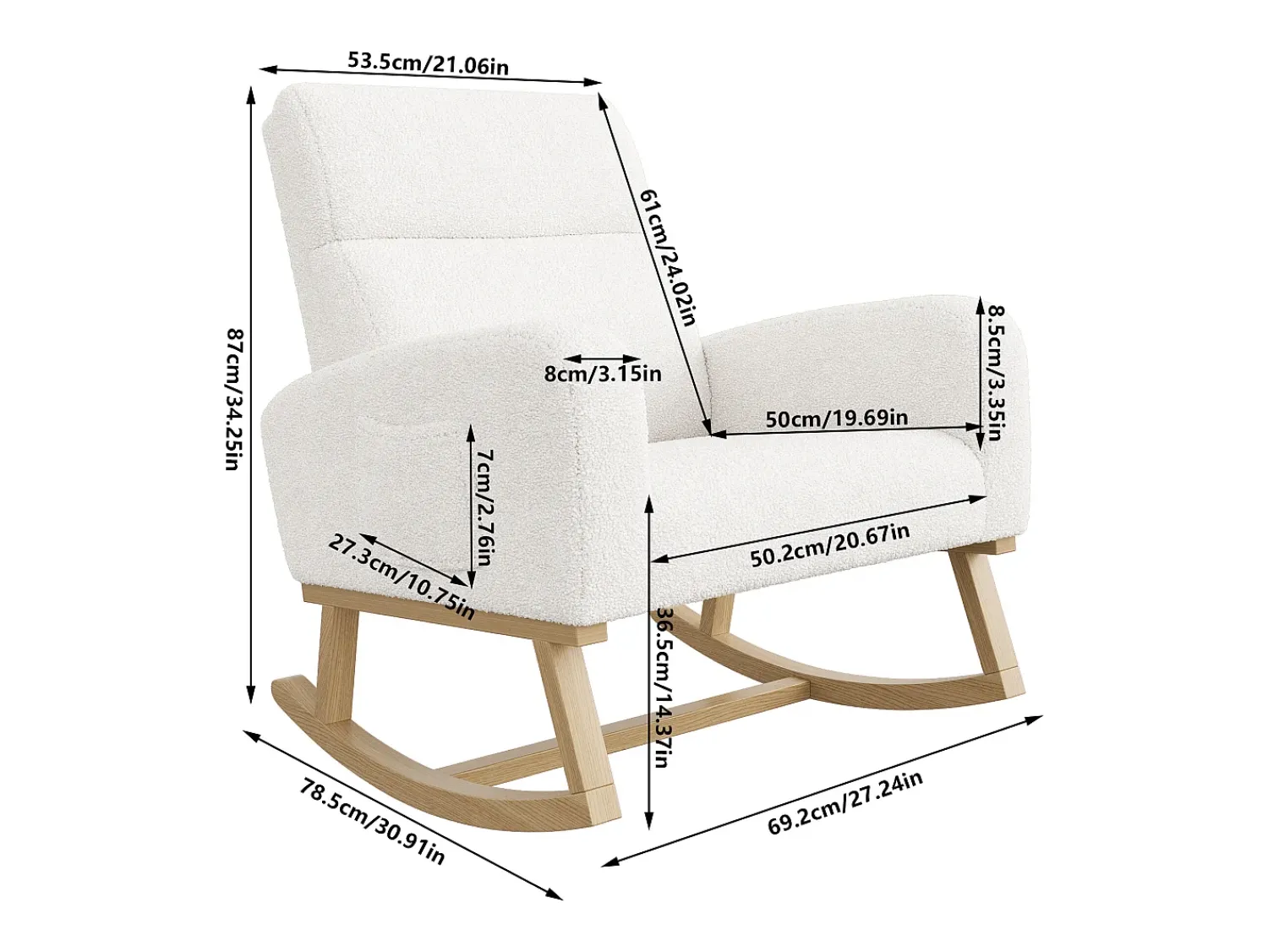 Poltrona| Cadeira de balanço, poltrona com almofada acolchoada, bolso lateral e apoios de braço, linho, branca Branco