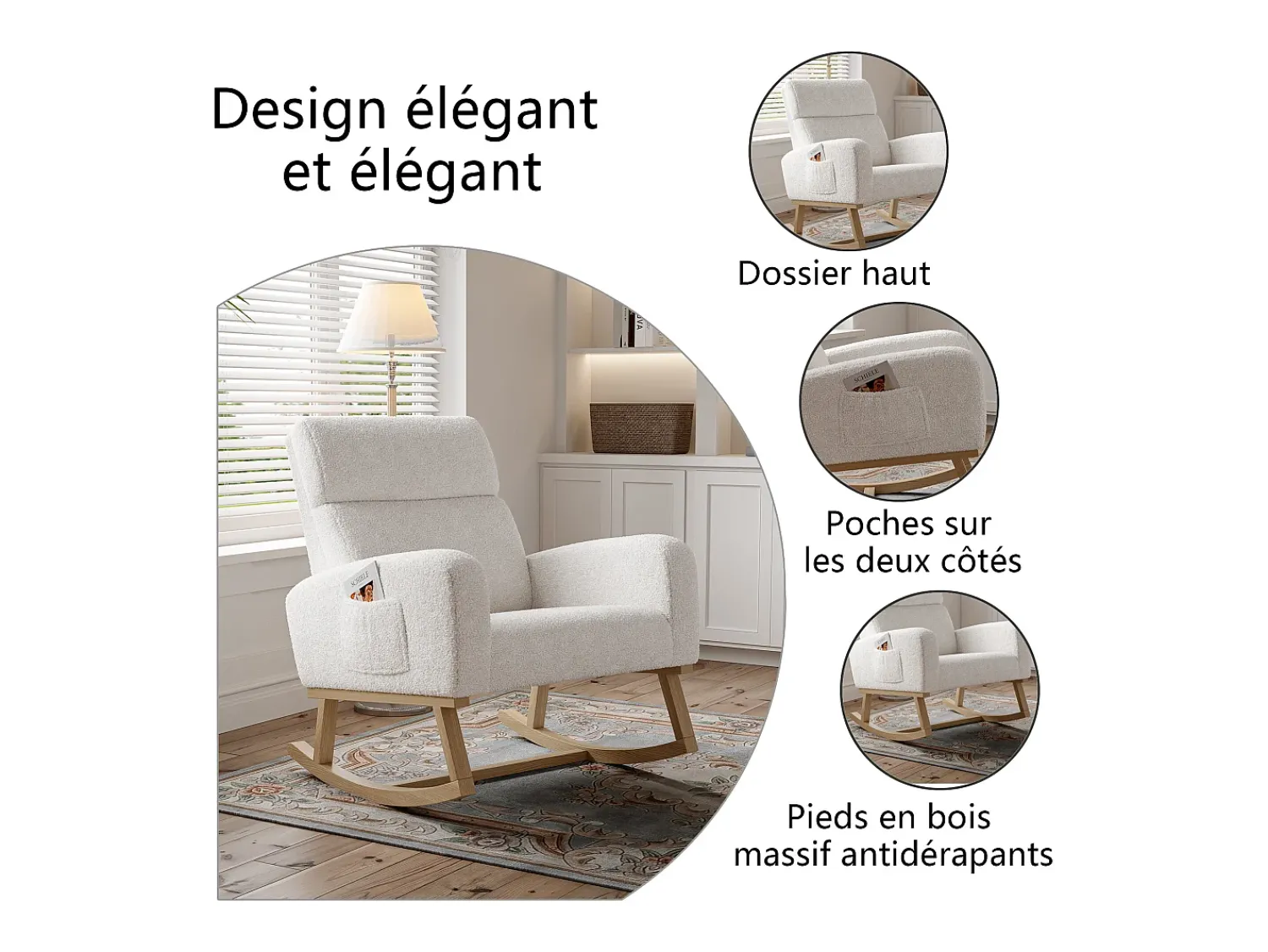 Poltrona| Cadeira de balanço, poltrona com almofada acolchoada, bolso lateral e apoios de braço, linho, branca Branco