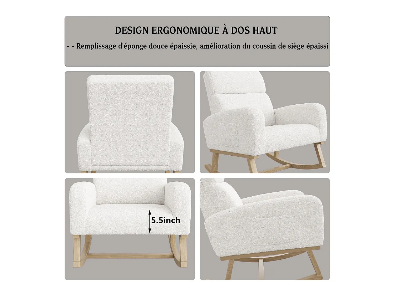 Poltrona| Cadeira de balanço, poltrona com almofada acolchoada, bolso lateral e apoios de braço, linho, branca Branco