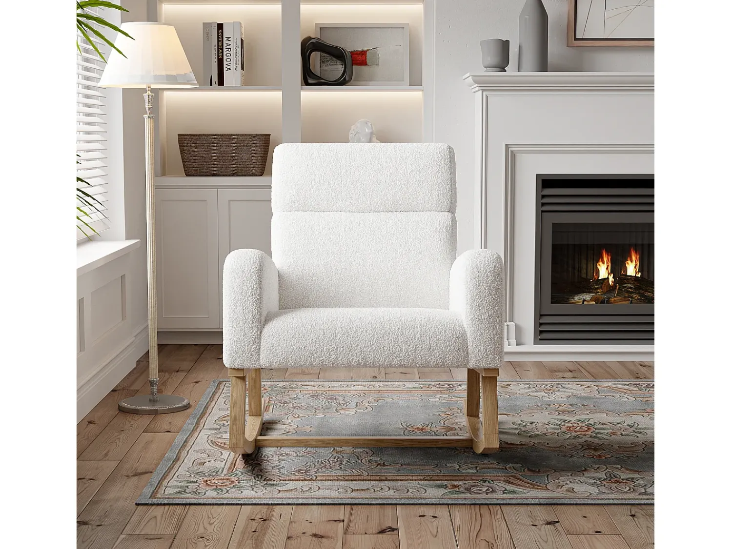 Poltrona| Cadeira de balanço, poltrona com almofada acolchoada, bolso lateral e apoios de braço, linho, branca Branco